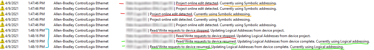 Example Event Log showing a PLC program change